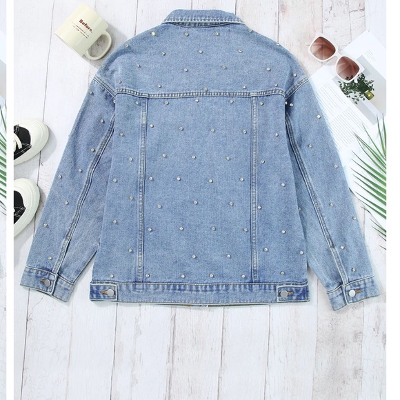 Women's Light Blue Denim Jacket with Rhinestone Stud Details - Picture 12 of 15